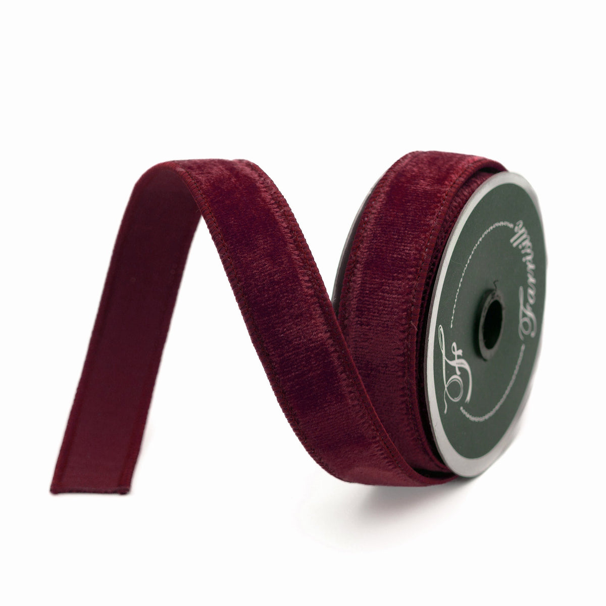 Farrisilk velvet ribbon in burgundy, .75 in x 10 yd, wired edge, front view