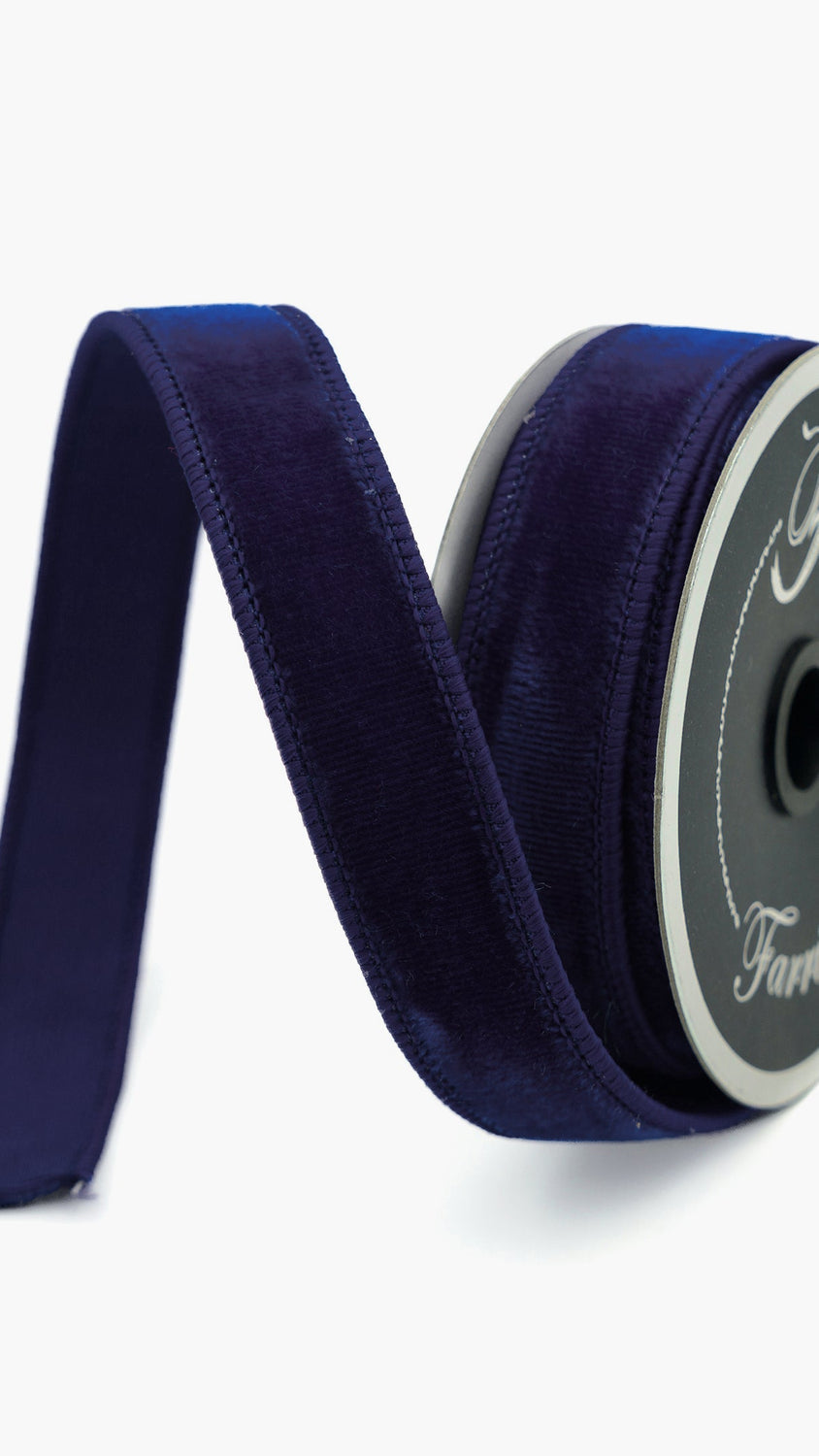Farrisilk velvet ribbon in navy, .75 in x 10 yd, wired edge, front view, 9x16