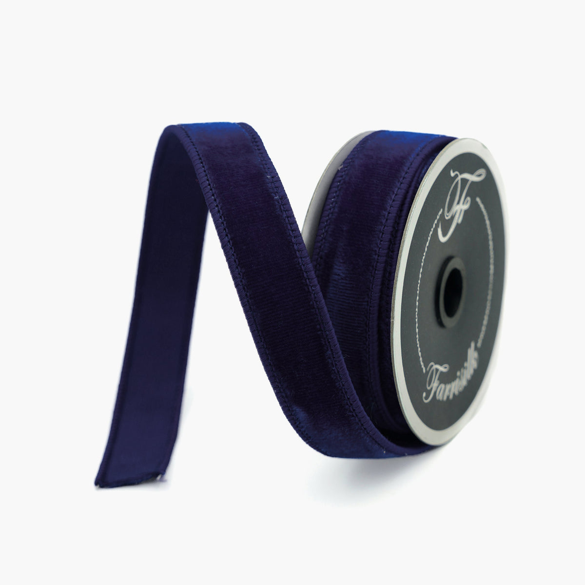 Farrisilk velvet ribbon in navy, .75 in x 10 yd, wired edge, front view