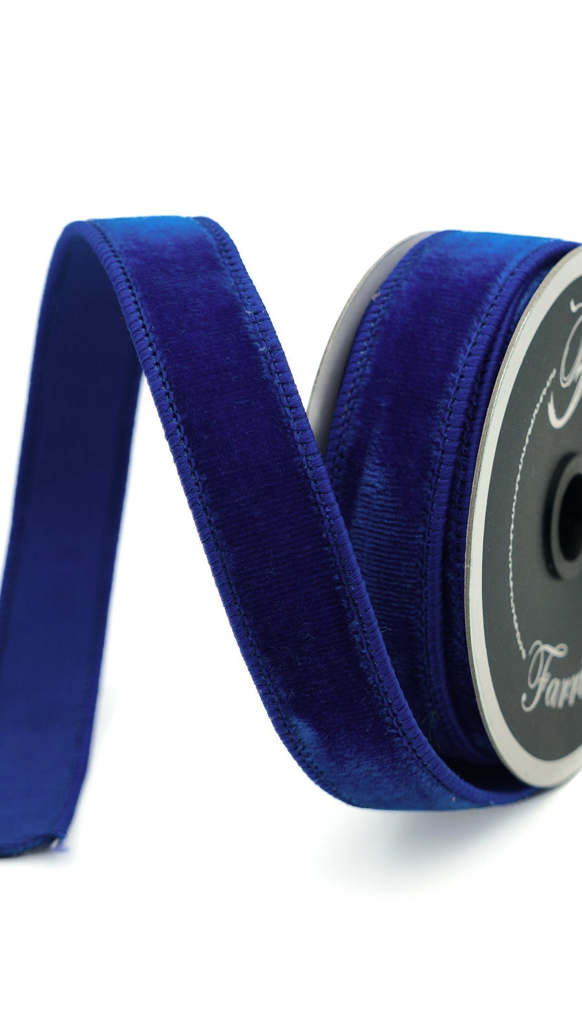 Farrisilk velvet ribbon in royal blue, .75 in x 10 yd, wired edge, front view, 9x16