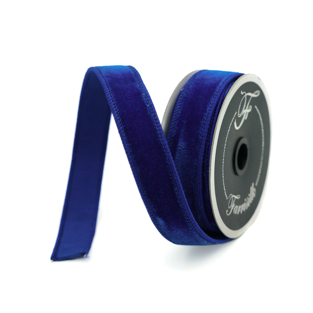 Farrisilk velvet ribbon in royal blue, .75 in x 10 yd, wired edge, front view