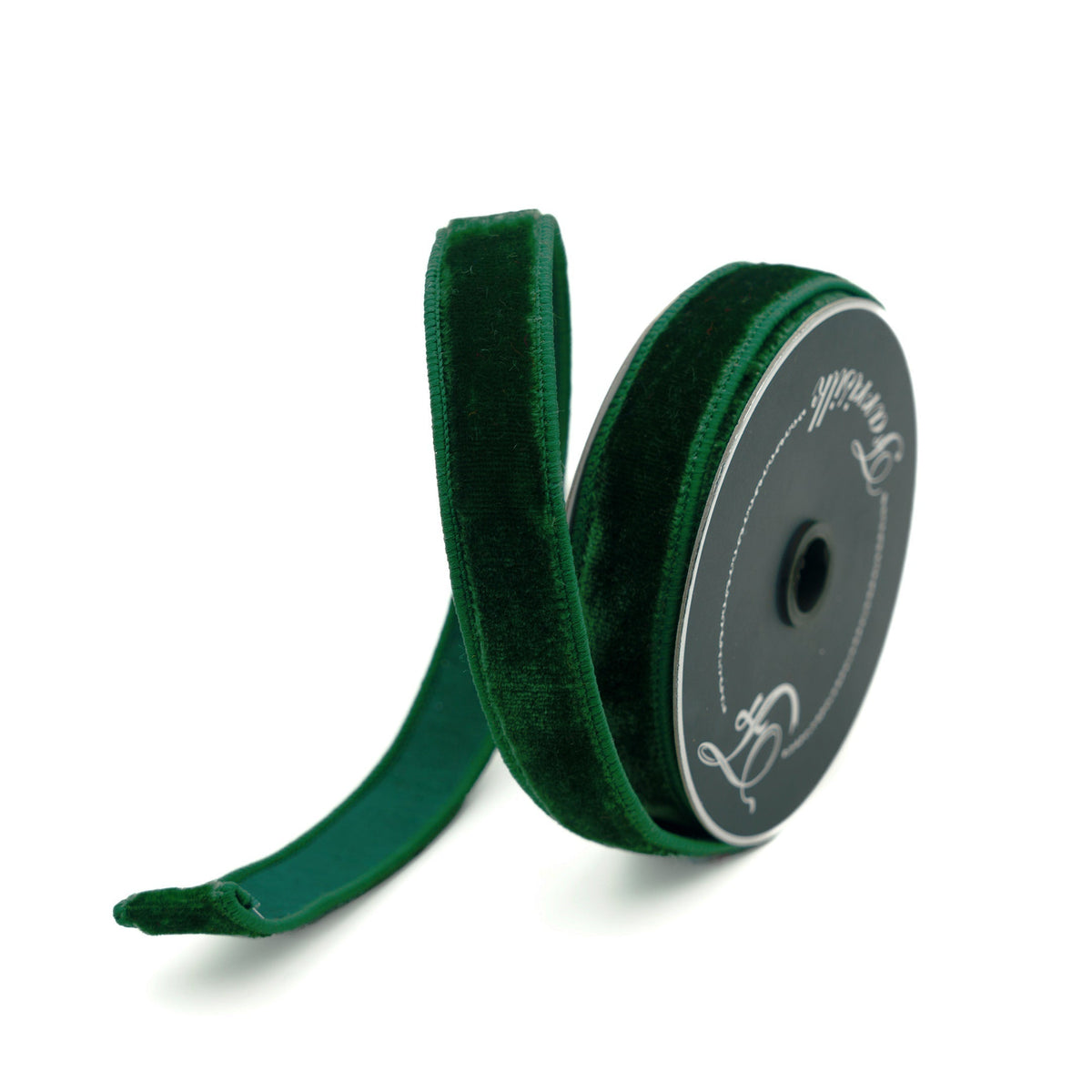Farrisilk velvet ribbon in dark pine, .75 in x 10 yd, wired edge, front view