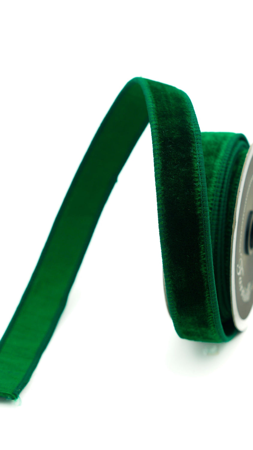 Farrisilk velvet ribbon in emerald, .75 in x 10 yd, wired edge, front view, 9x16