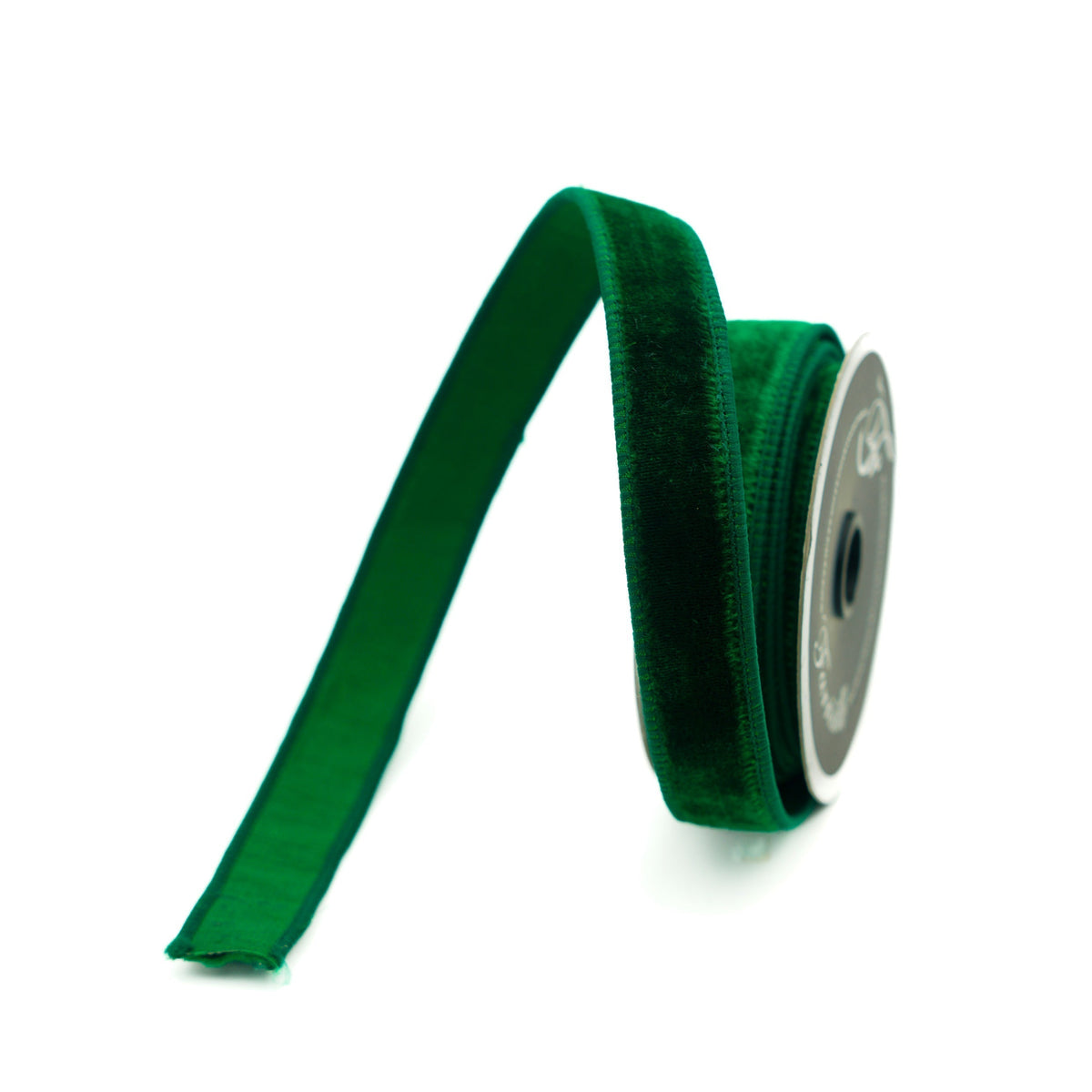 Farrisilk velvet ribbon in emerald, .75 in x 10 yd, wired edge, front view