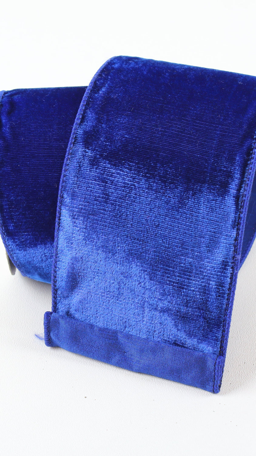 Farrisilk velvet ribbon in royal blue, 4 in x 10 yd, wired edge, front view, 9x16