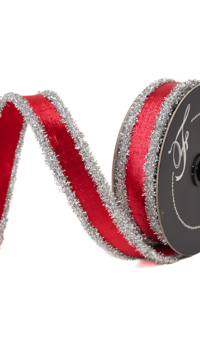 Farrisilk tinsel borders ribbon in silver & red, 1 in x 10 yd, wired edge, front view, 9x16