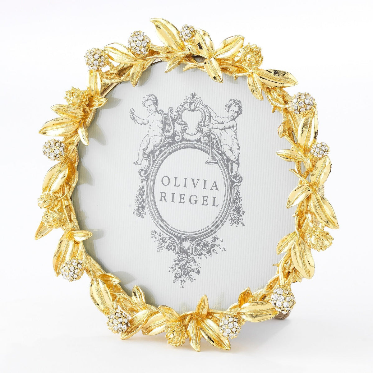 Olivia Riegel Cornelia 4.5 inch Round Picture Frame in Gold pavé crystal leaf pewter, angled view