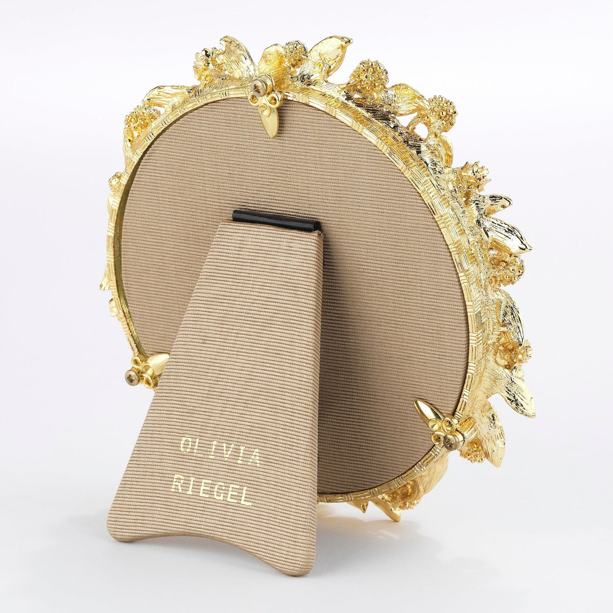 Olivia Riegel Cornelia 4.5 inch Round Picture Frame in Gold pavé crystal leaf pewter, back with easel view