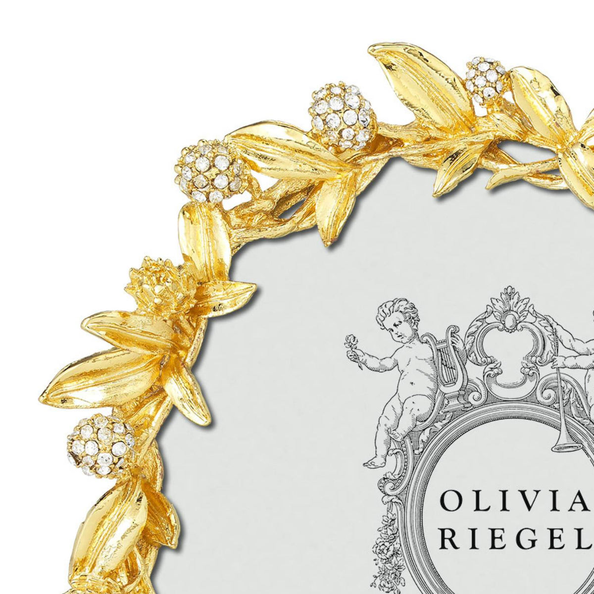 Olivia Riegel Cornelia 4.5 inch Round Picture Frame in Gold pavé crystal leaf pewter, detail view