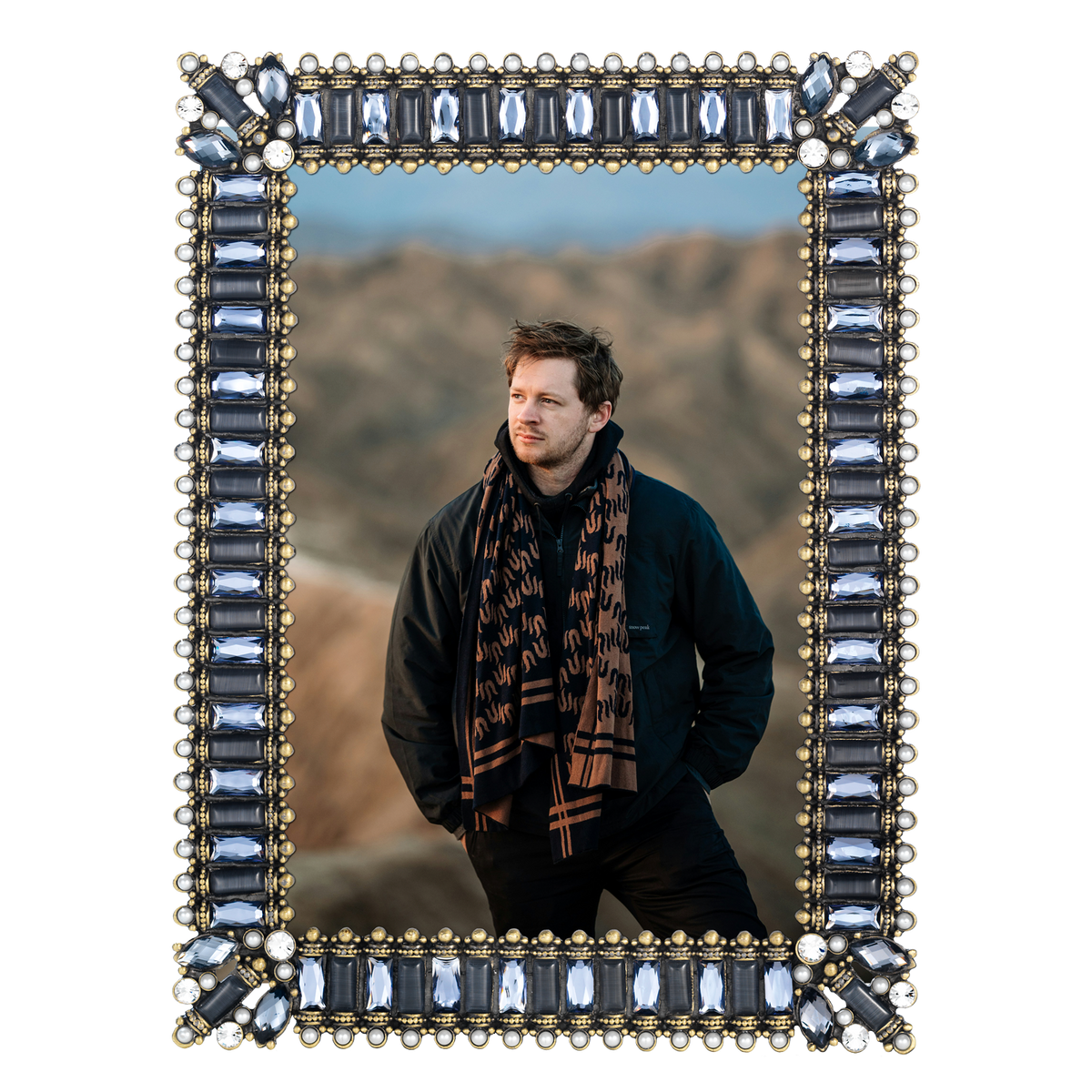 Olivia Riegel Copenhagen 4x6 Picture Frame in bronze finish with crystals, glass gems and faux pearls, lifestyle view