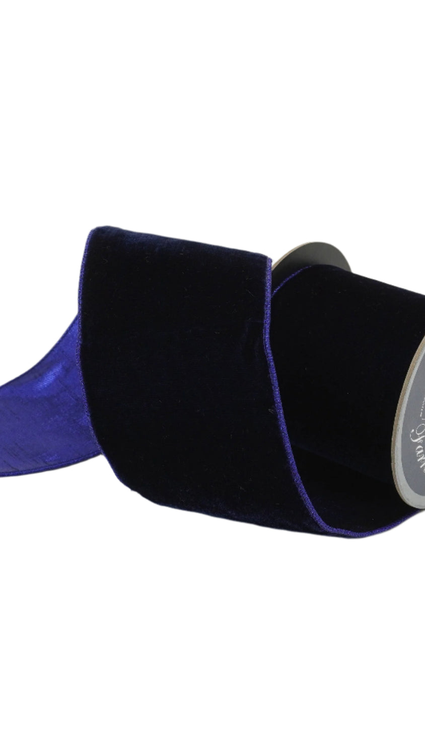 Farrisilk velvet luster ribbon in navy, 4 in x 10 yd, wired edge, front view, 9x16