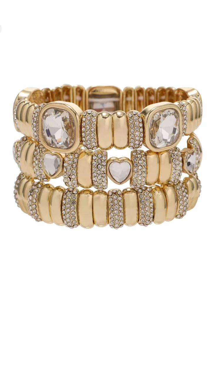 Gold Heart & Crystal Stacked Stretch Bracelets - The BLVD