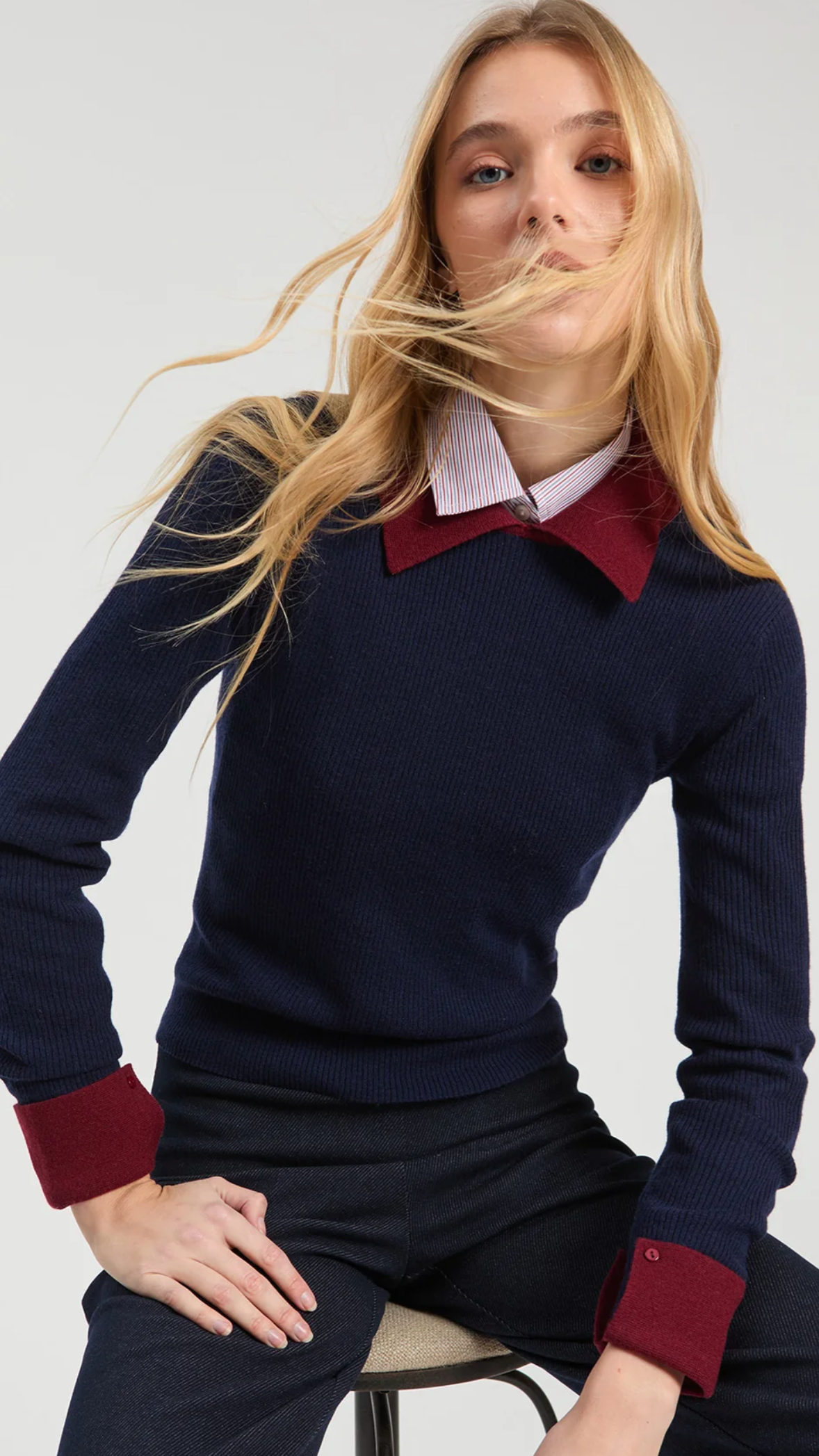 JR Canale Ribbed Knit Top/Navy & Burgundy