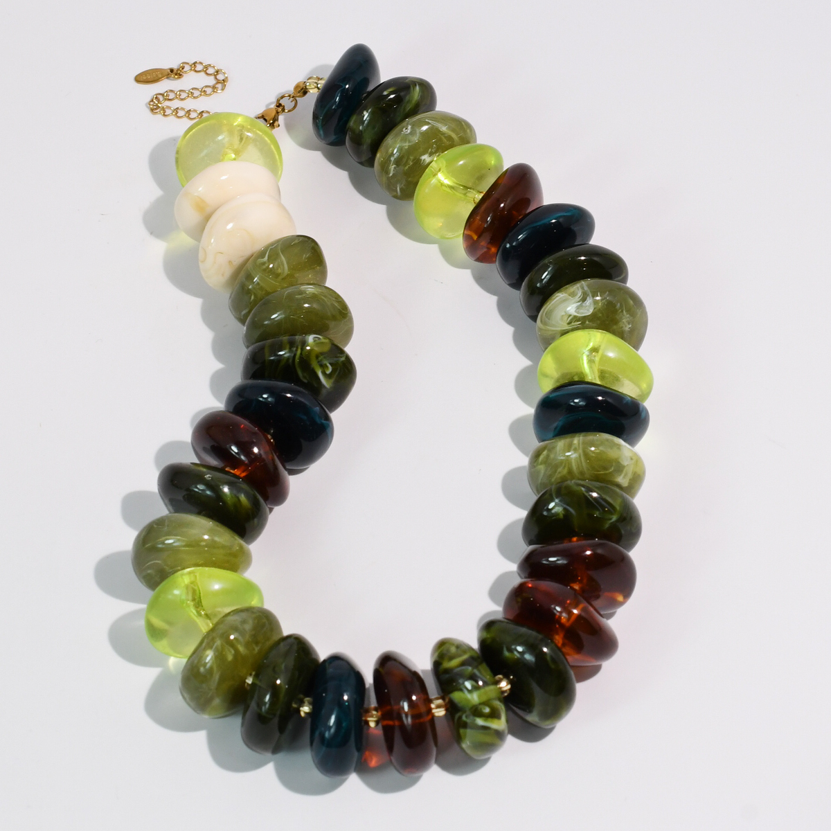 The Icon Necklace with chunky translucent olive, green, chartreuse and amber beads