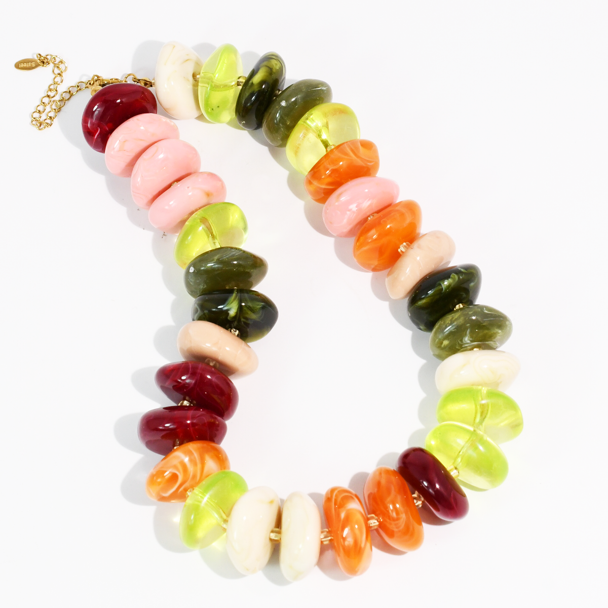 The Icon Necklace with chunky orange, neon lime, pink, burgundy and cream beads