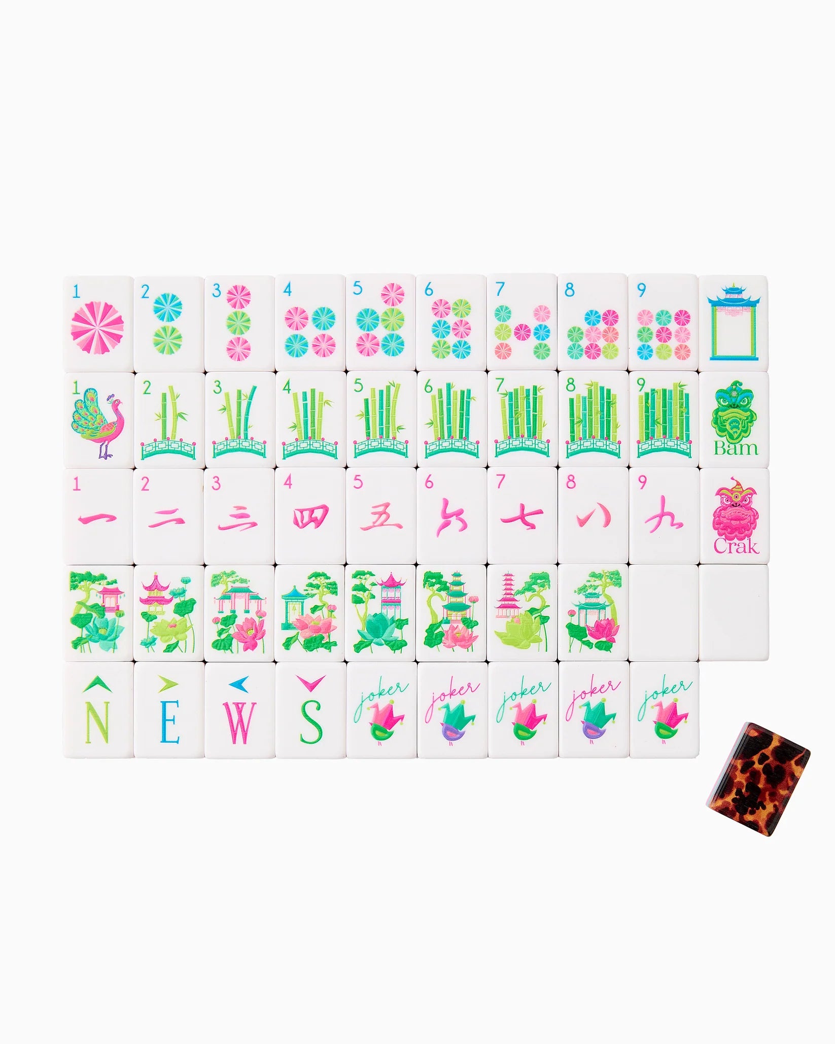 Set of colorful children's tiles with numbers, letters, and graphics on a white background.