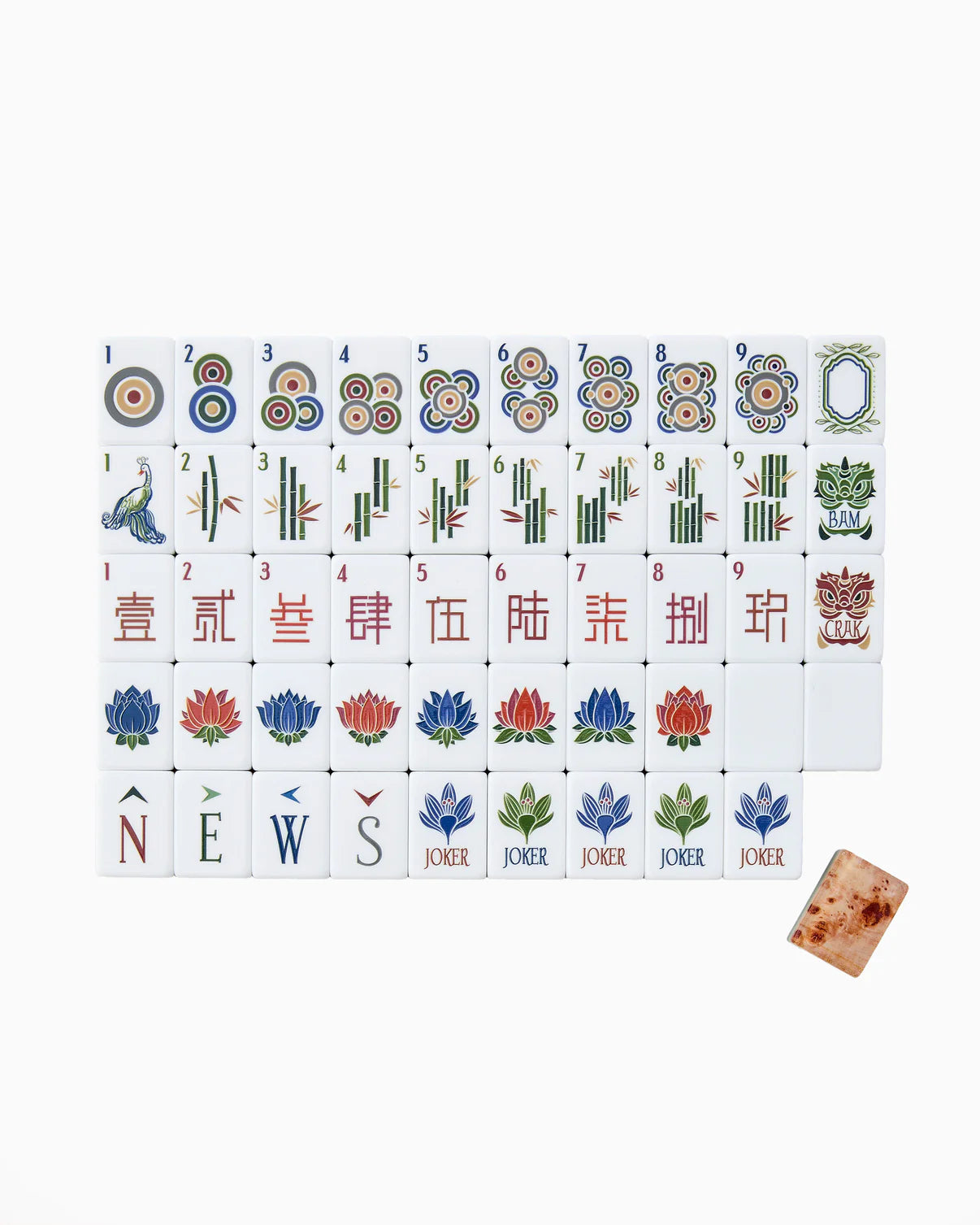 Set of Mahjong tiles with various symbols and numbers on a white background