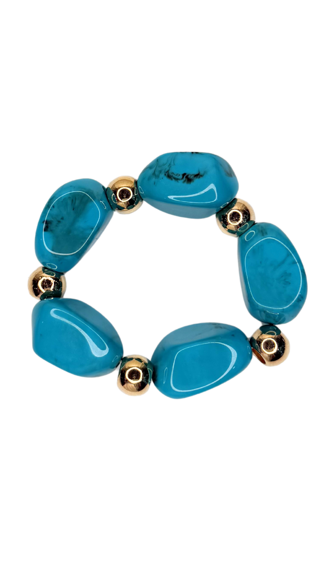 Turquoise beaded bracelet with gold accents on a white background