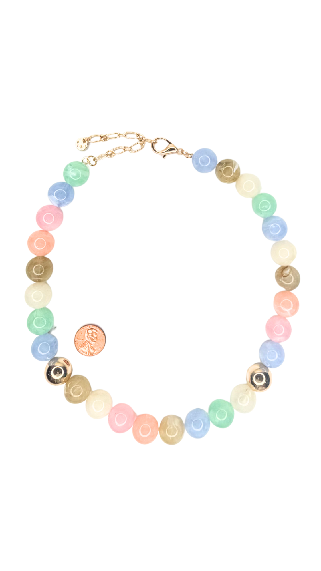 Necklace with colorful beads on a white background