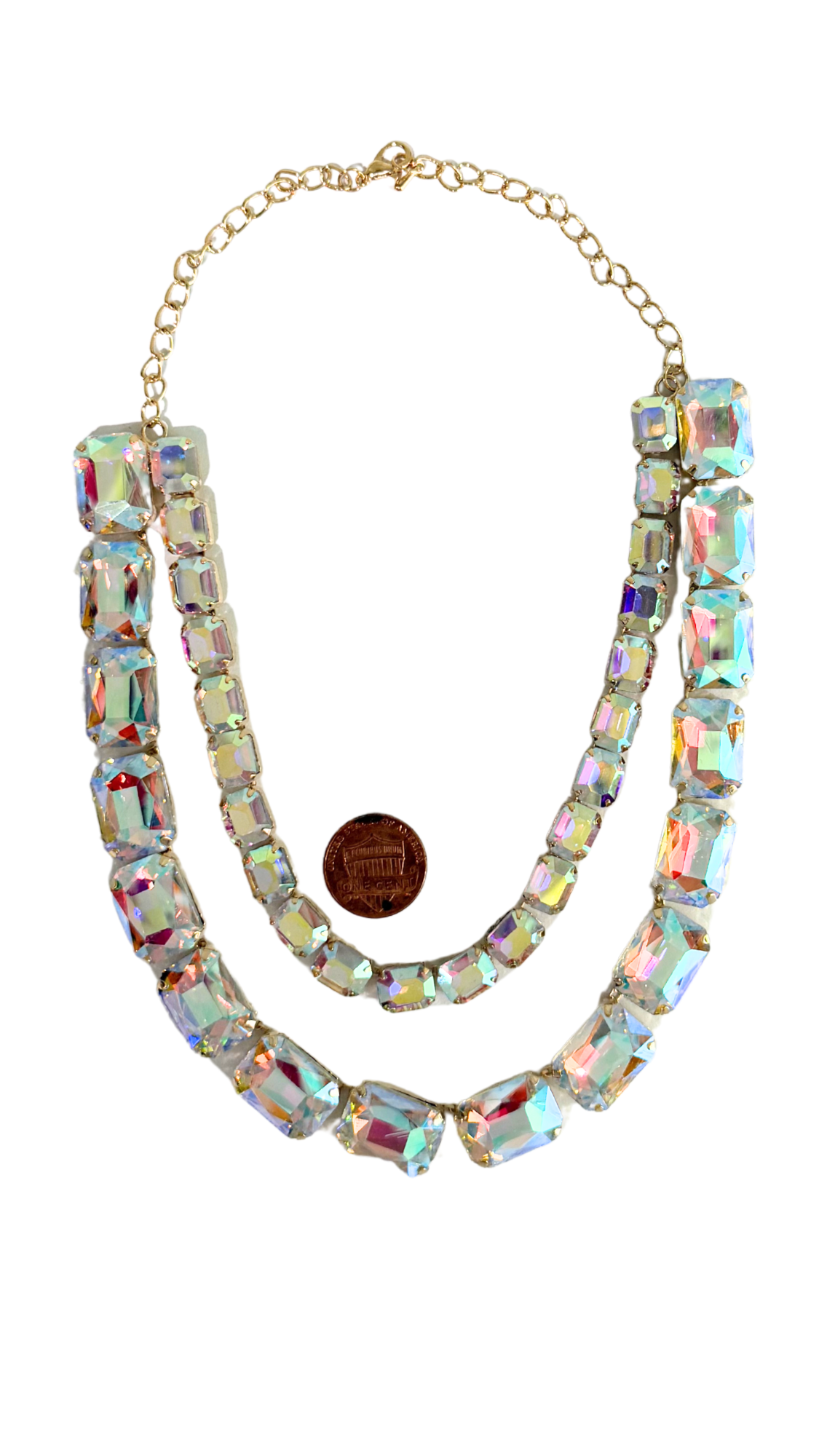 Multicolored beaded necklace on a white background