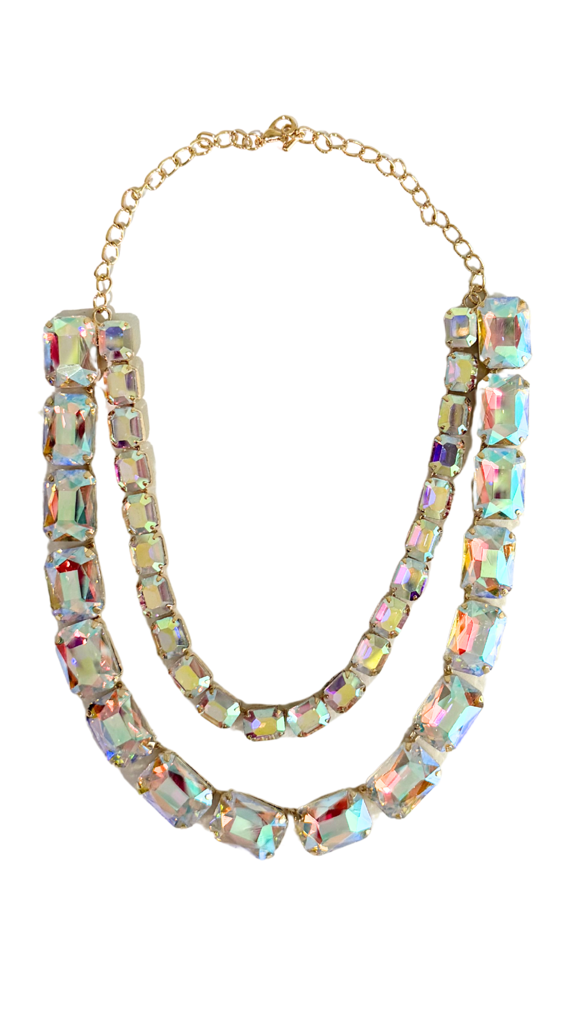 Multicolored beaded necklace on a white background