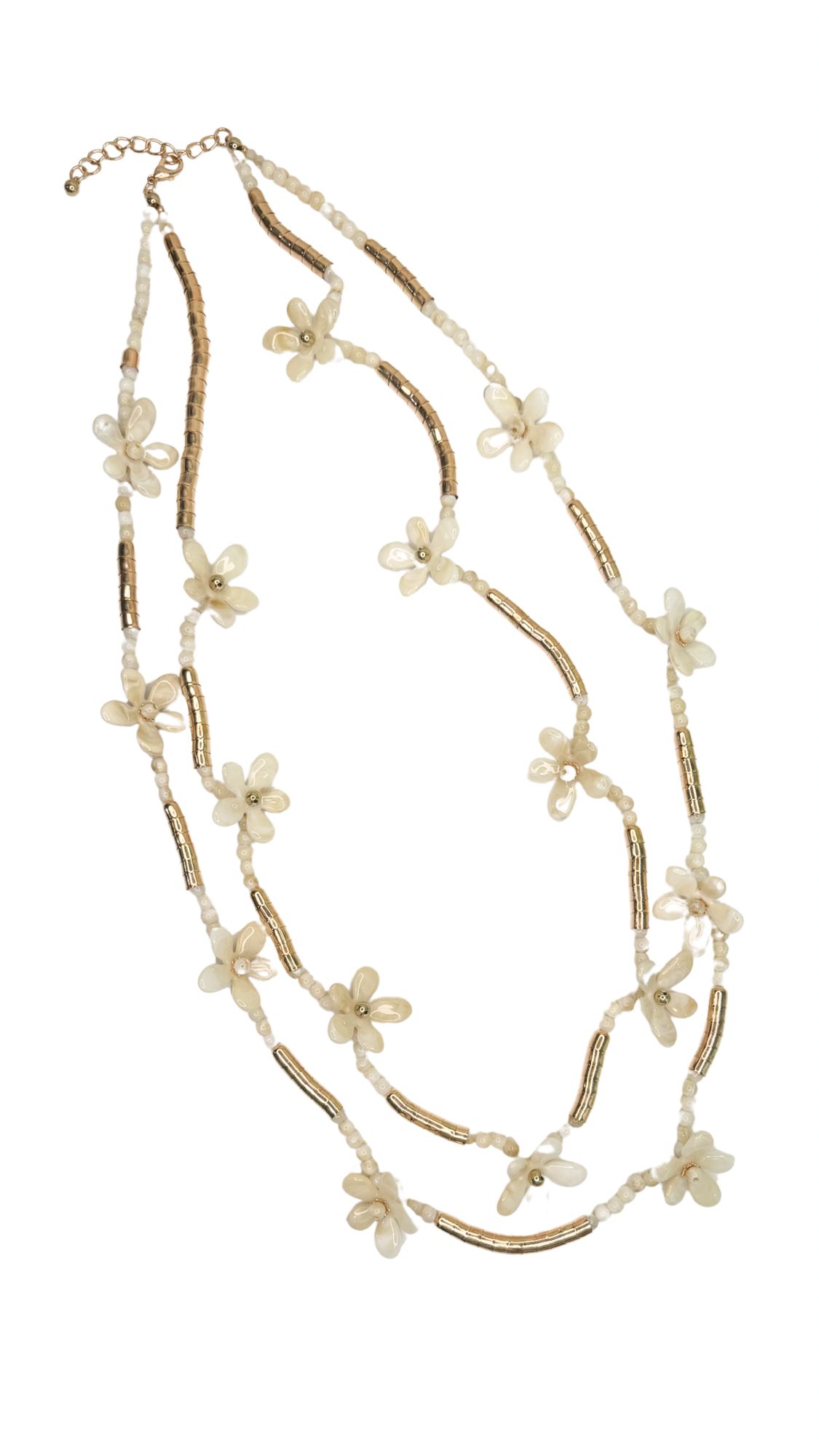 Floral necklace with gold chain on a white background