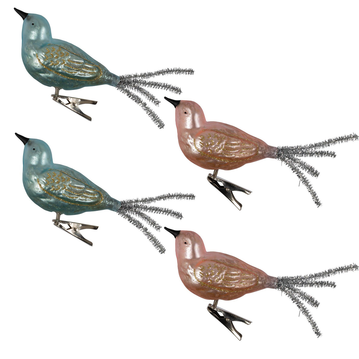 Set of 4 green and pink glass bird clip-on Christmas ornaments, full view