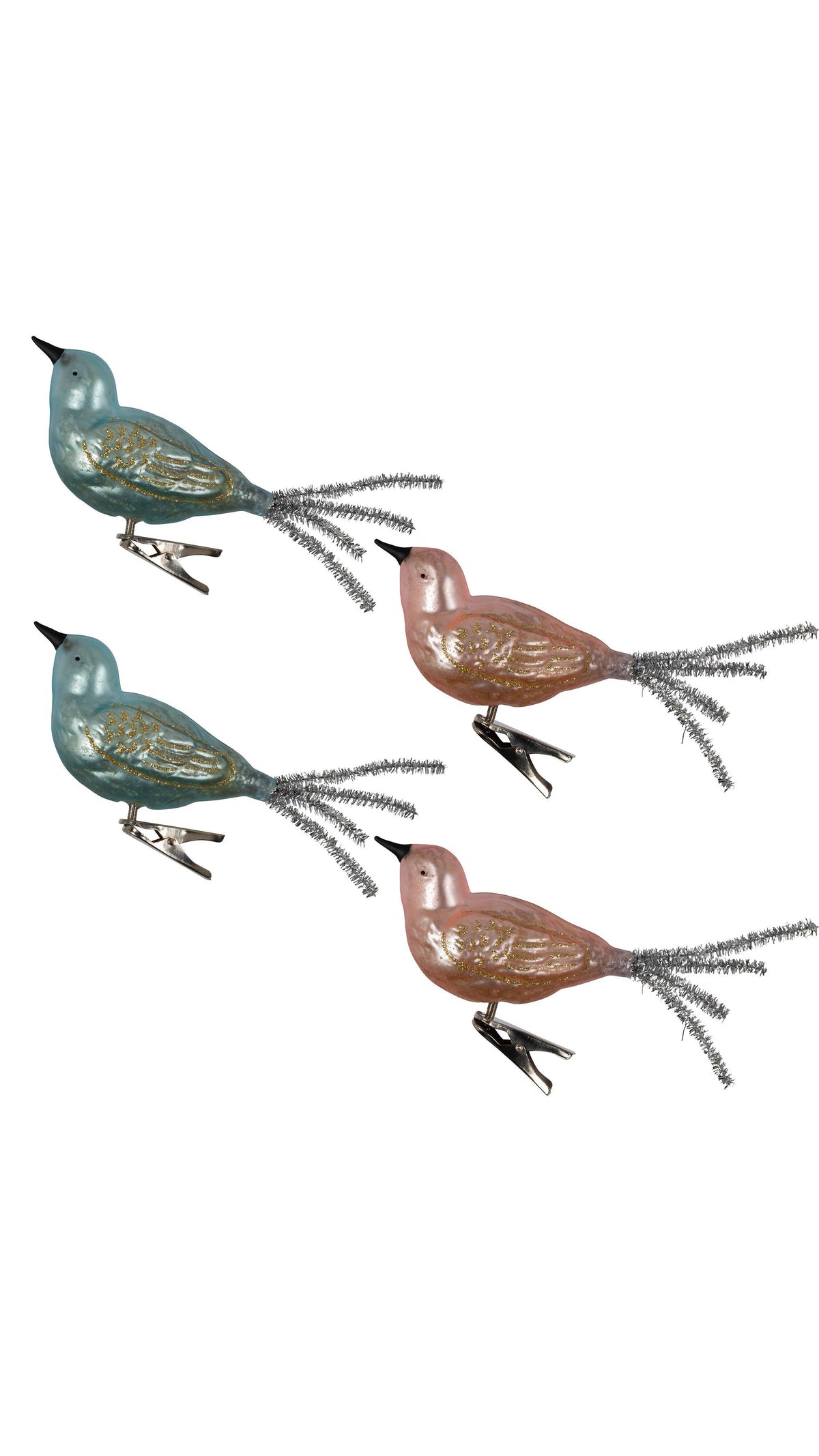 Glass Bird Clip Ornaments, Set of 4, full view on white