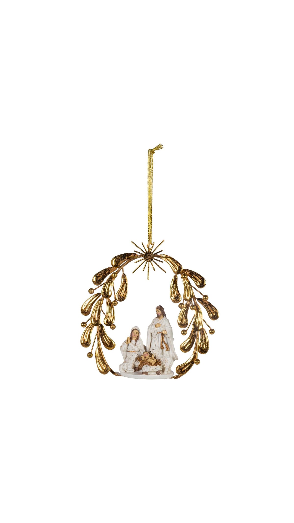 Resin Nativity Scene Ornament, full view on white