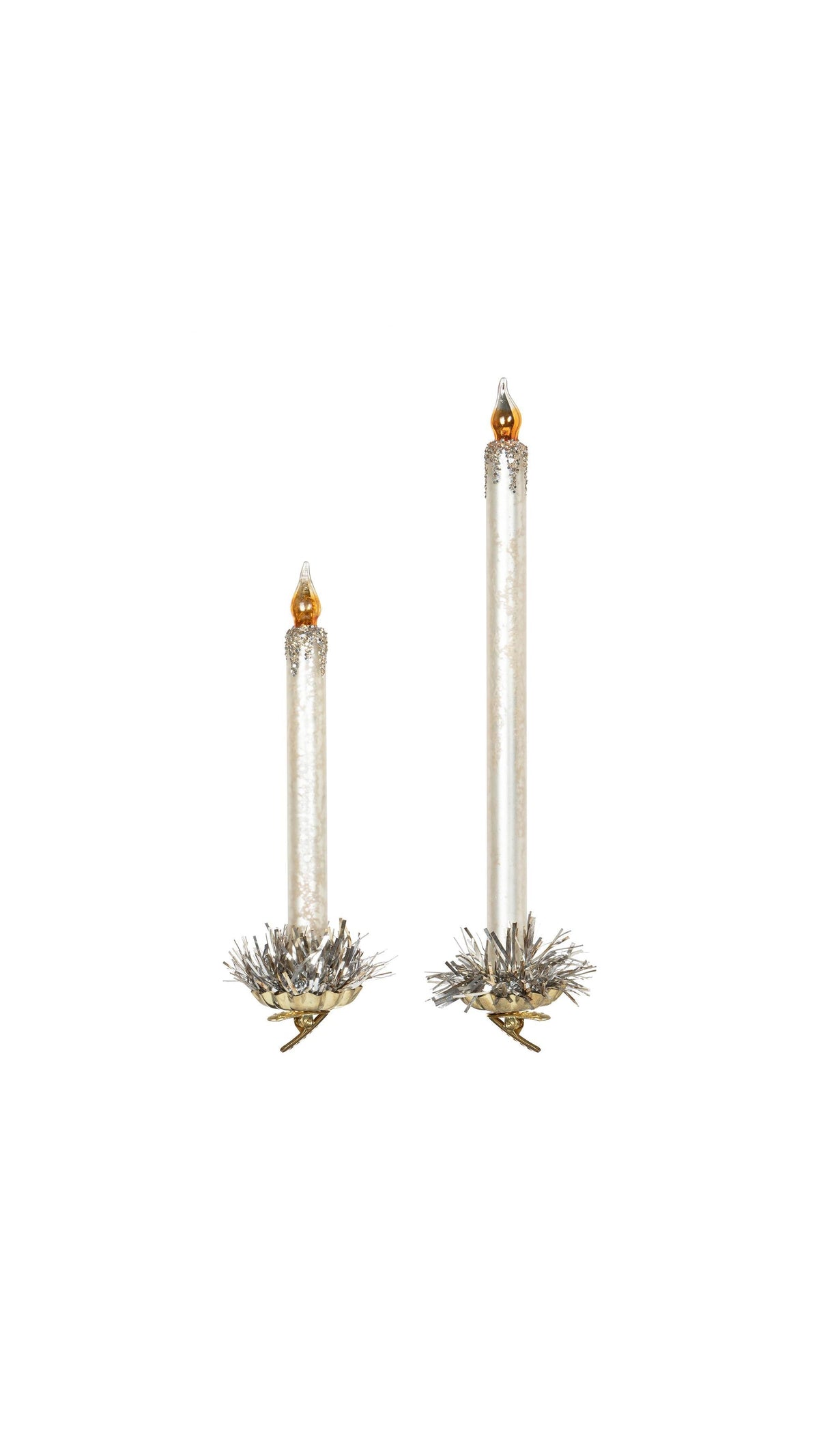 Frosted Ivory Taper Candle Ornament, full view on white