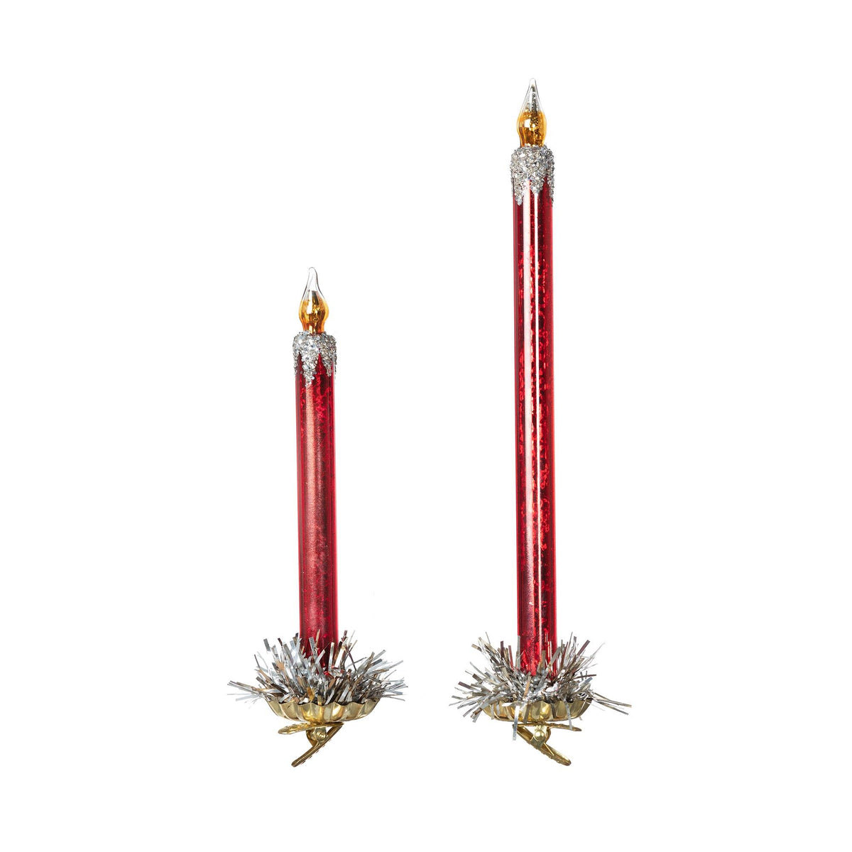 Frosted red glass taper candle clip-on Christmas ornaments, set of 2, full view