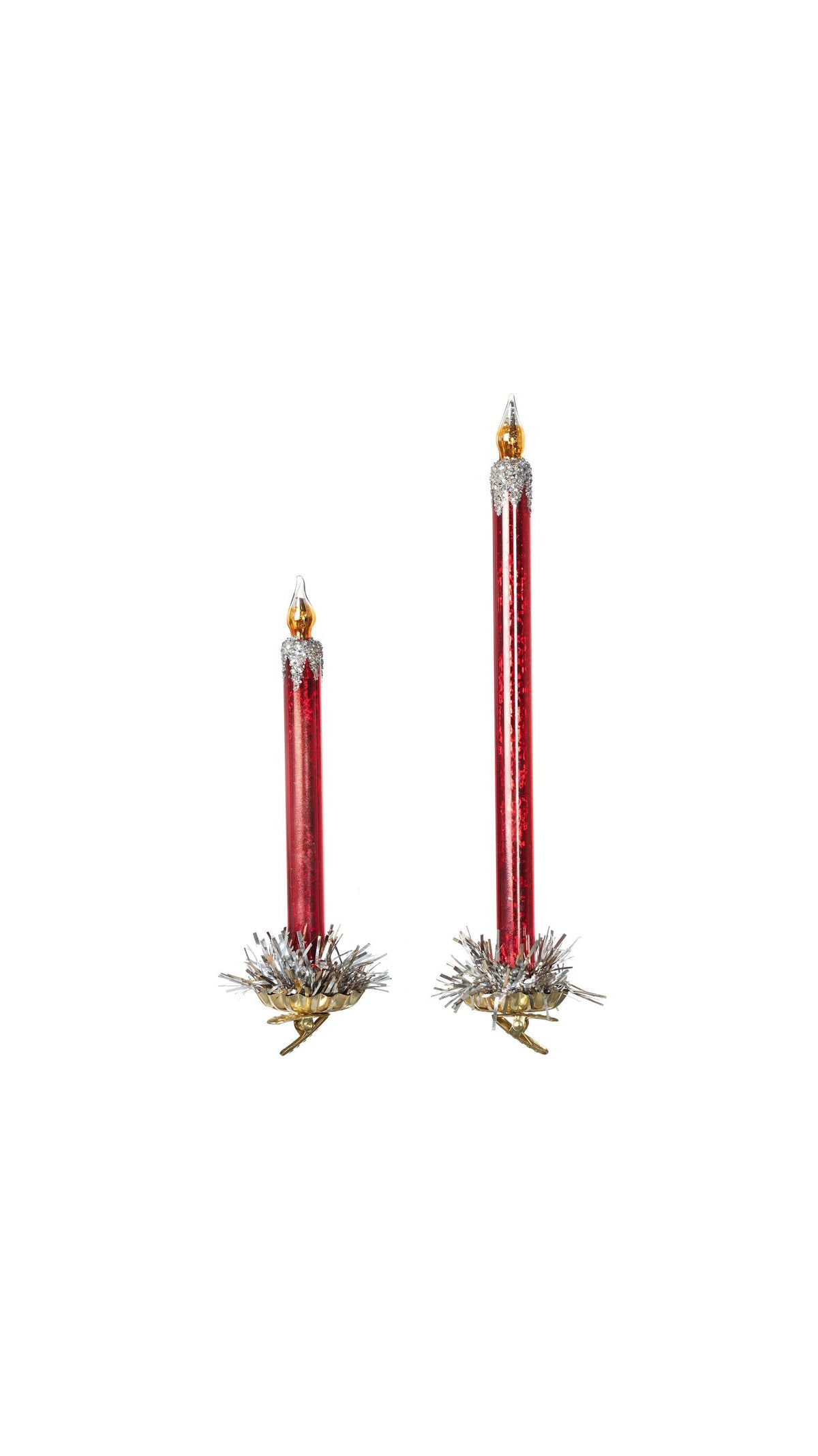 Frosted Red Taper Candle Ornament, full view on white