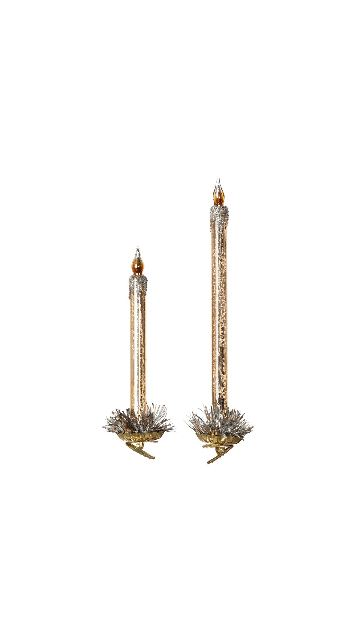 Frosted gold glass taper candle Christmas ornaments on white, front view