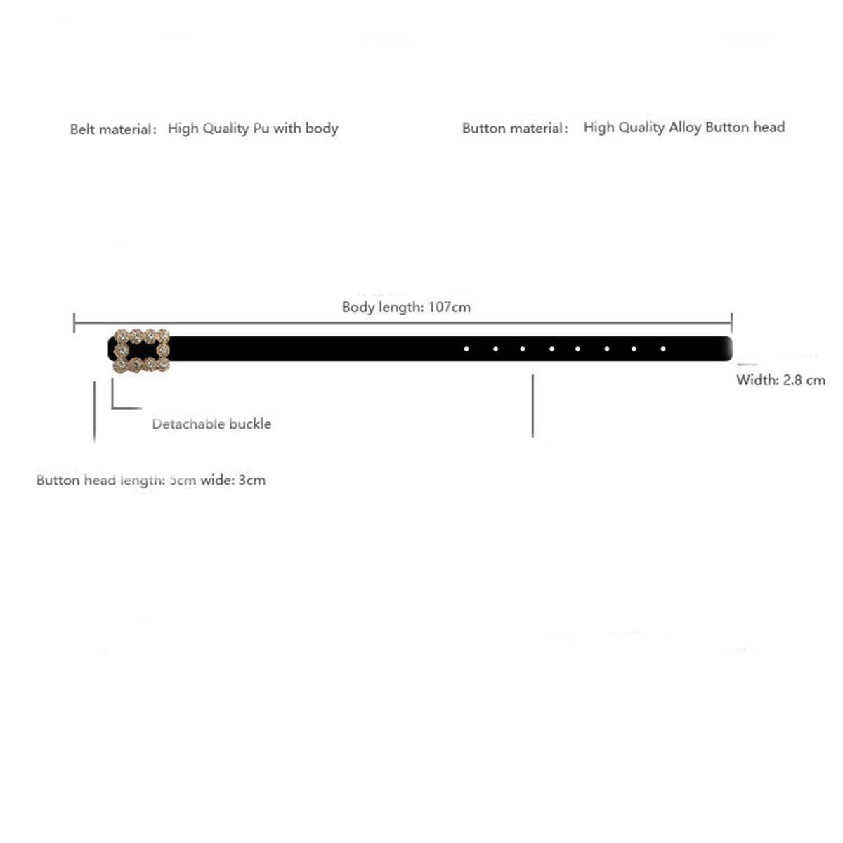 Black belt with measurements and material details on a white background