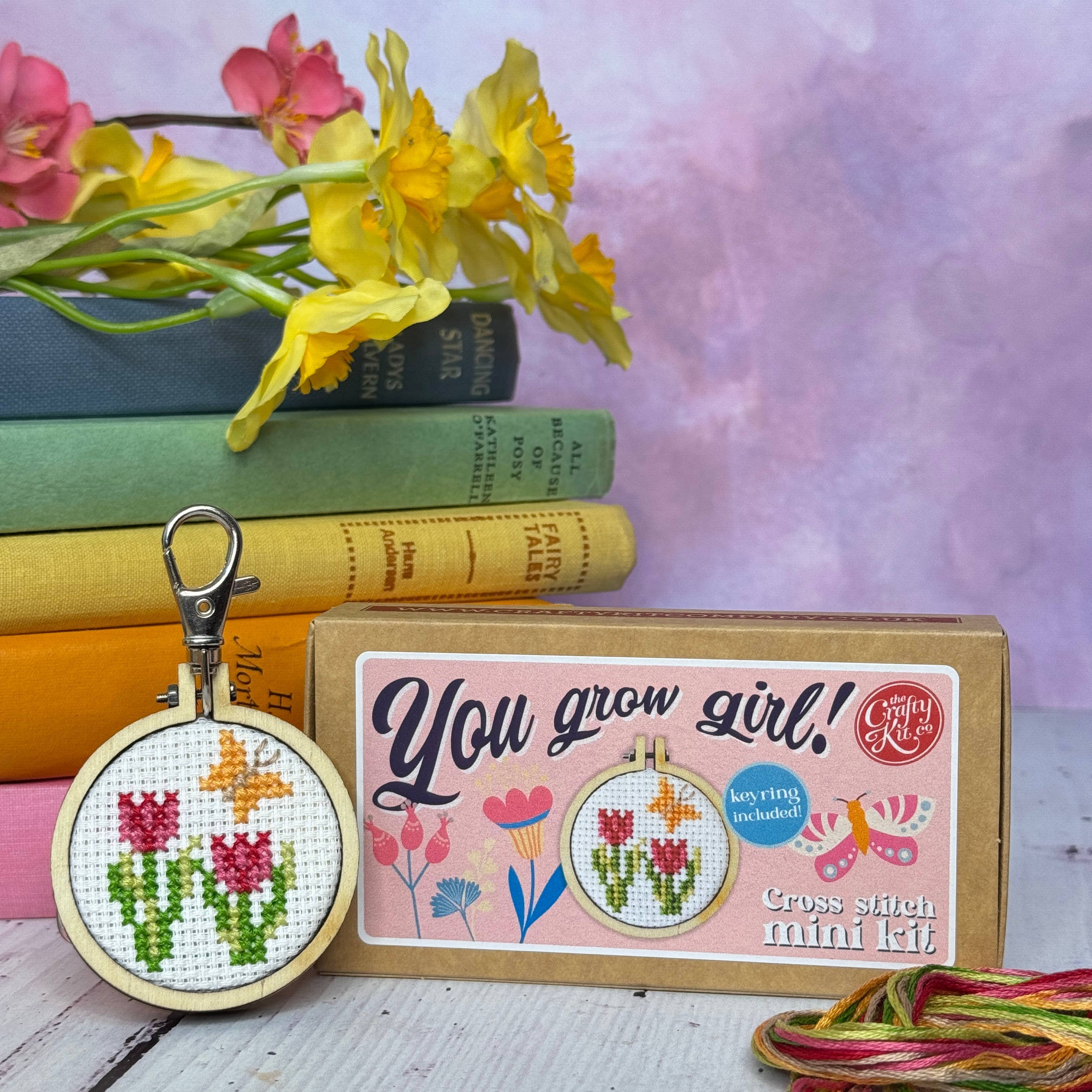 You Grow Girl mini matchbox cross stitch kit product photo - in use view - BLVD Boutik