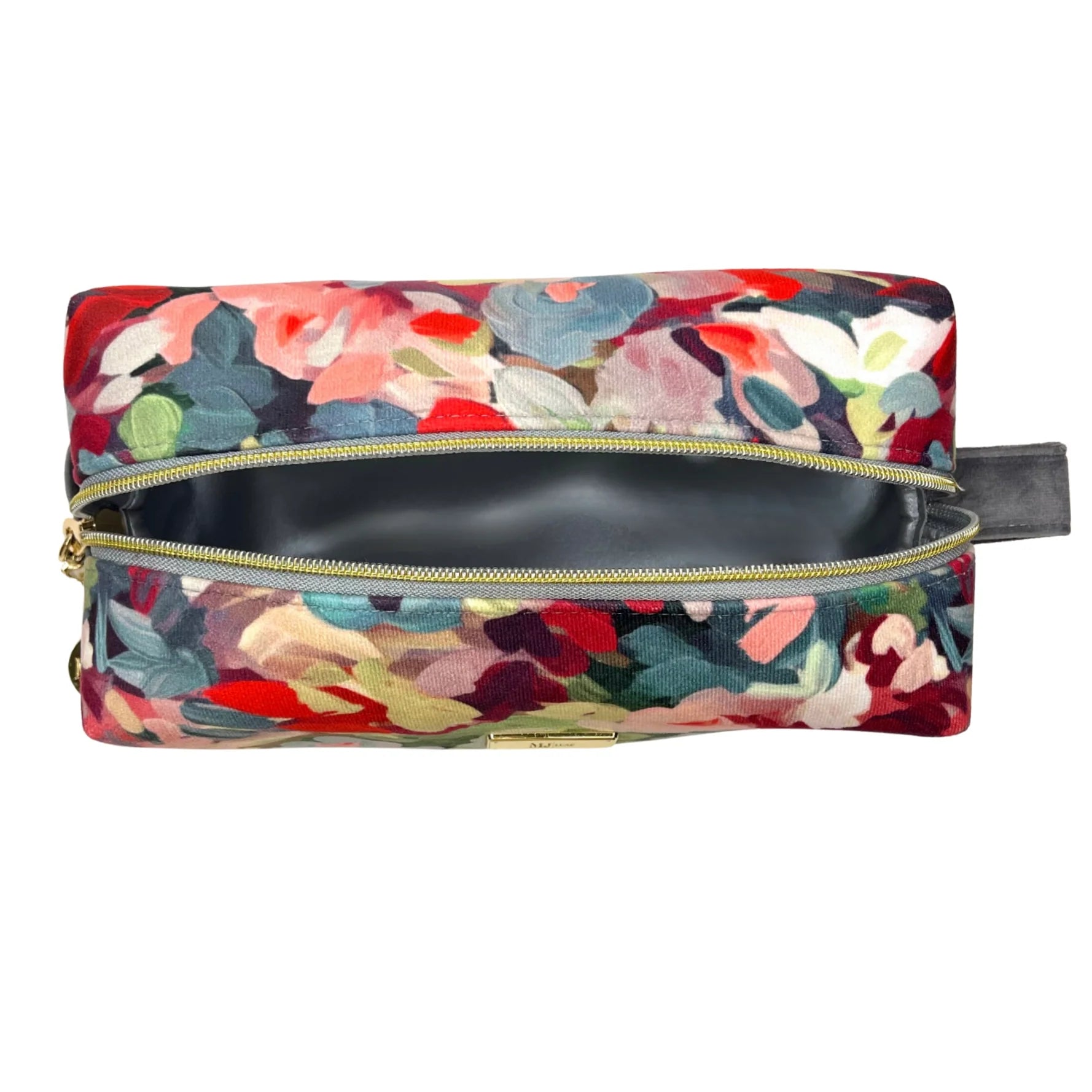 Floral-patterned toiletry bag with a gold zipper on a white background