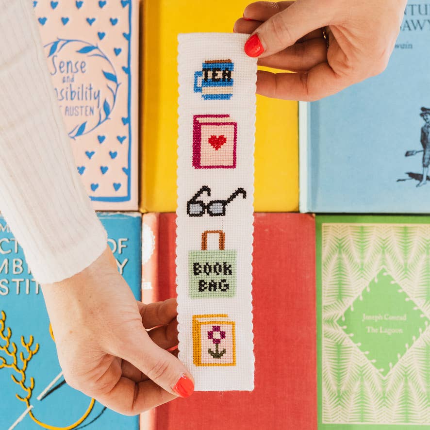 Bookish counted cross stitch bookmark kit product photo - lifestyle view - BLVD Boutik