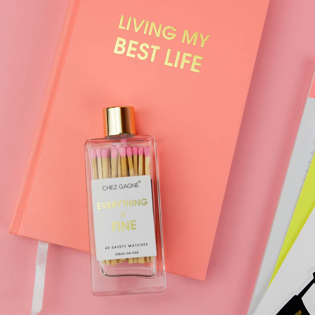 Everything is Fine glass bottle safety matches in pink product photo - close-up - BLVD Boutik