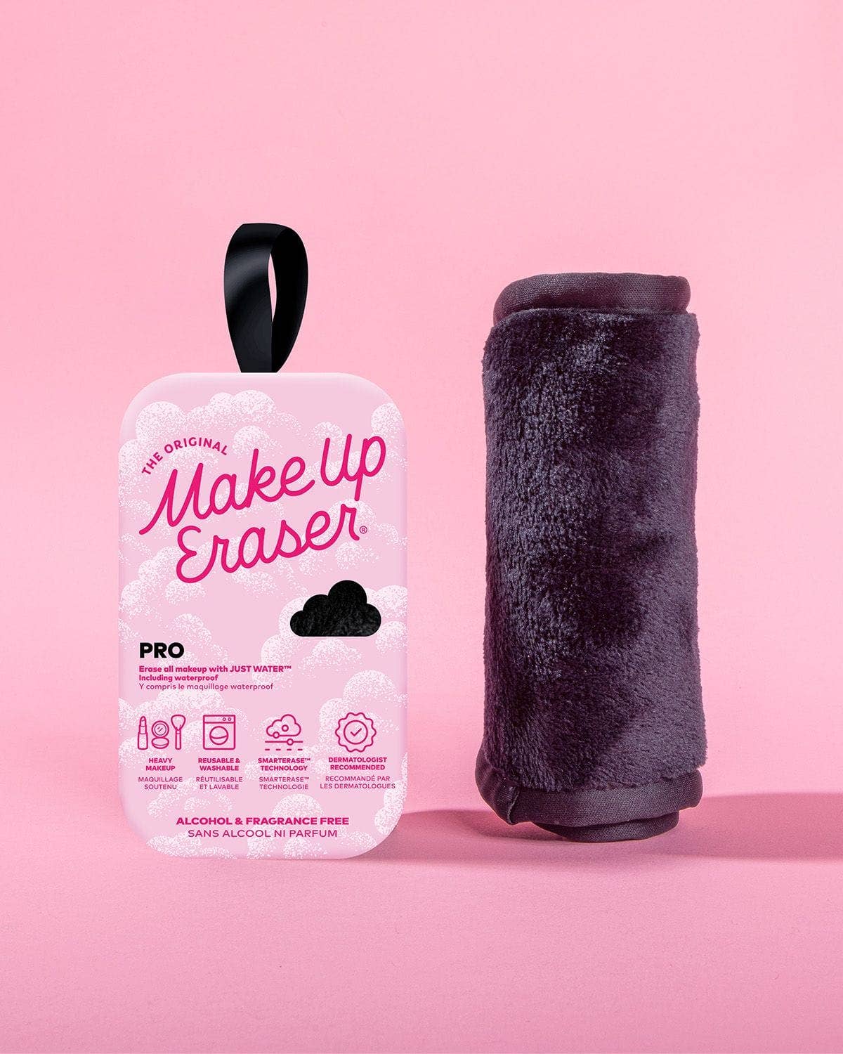 Makeup Eraser with packaging on a pink background