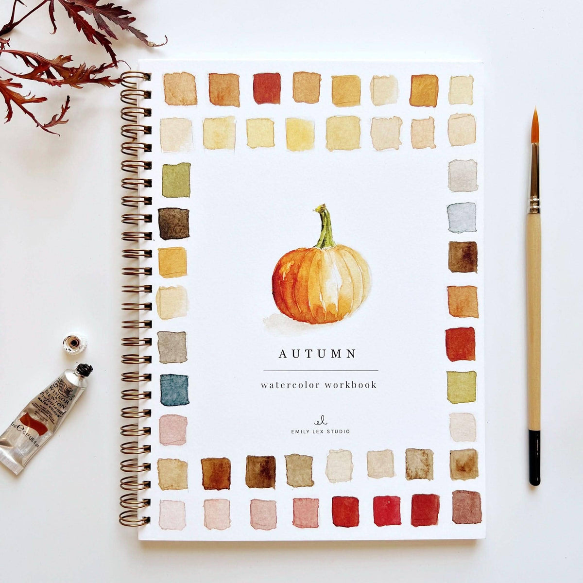 Autumn watercolor workbook cover with pumpkin illustration