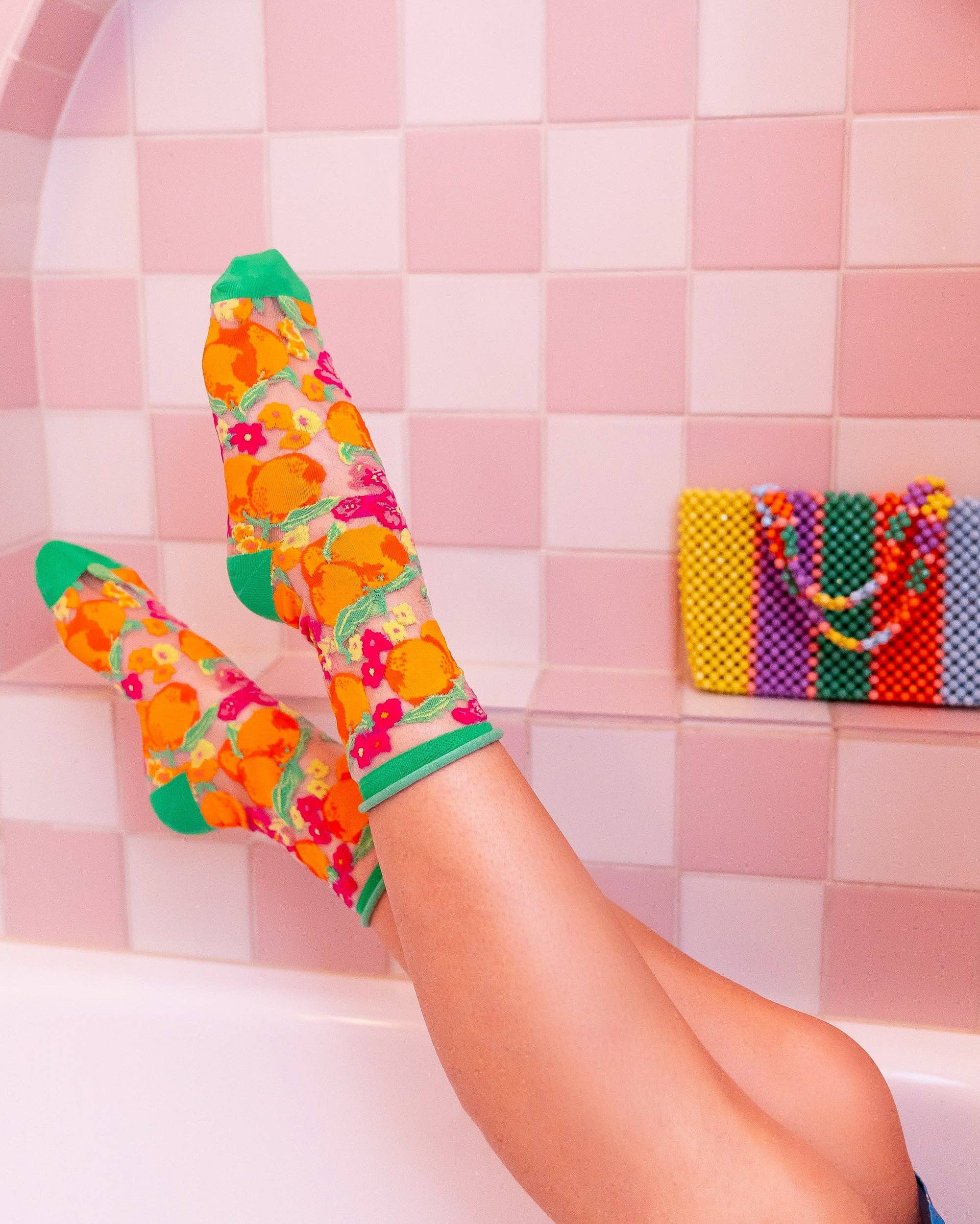 Orange Floral sheer crew sock product photo - close-up - BLVD Boutik