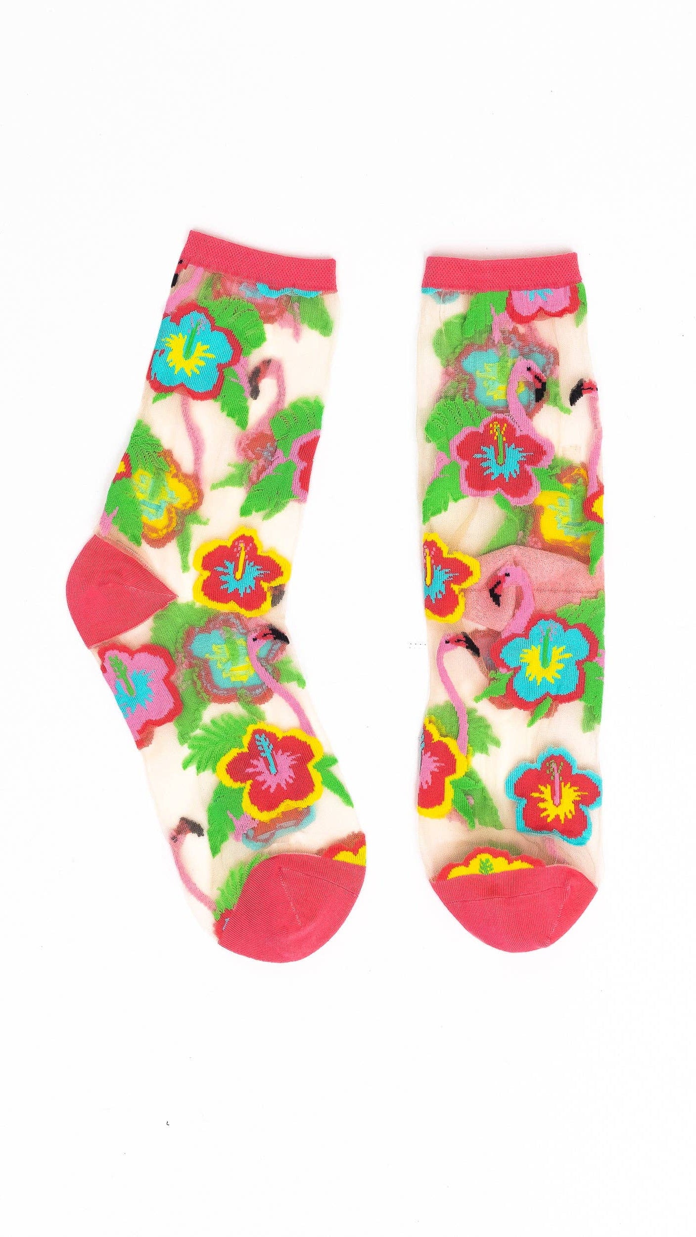 Flamingo Floral sheer crew sock product photo - front view - BLVD Boutik