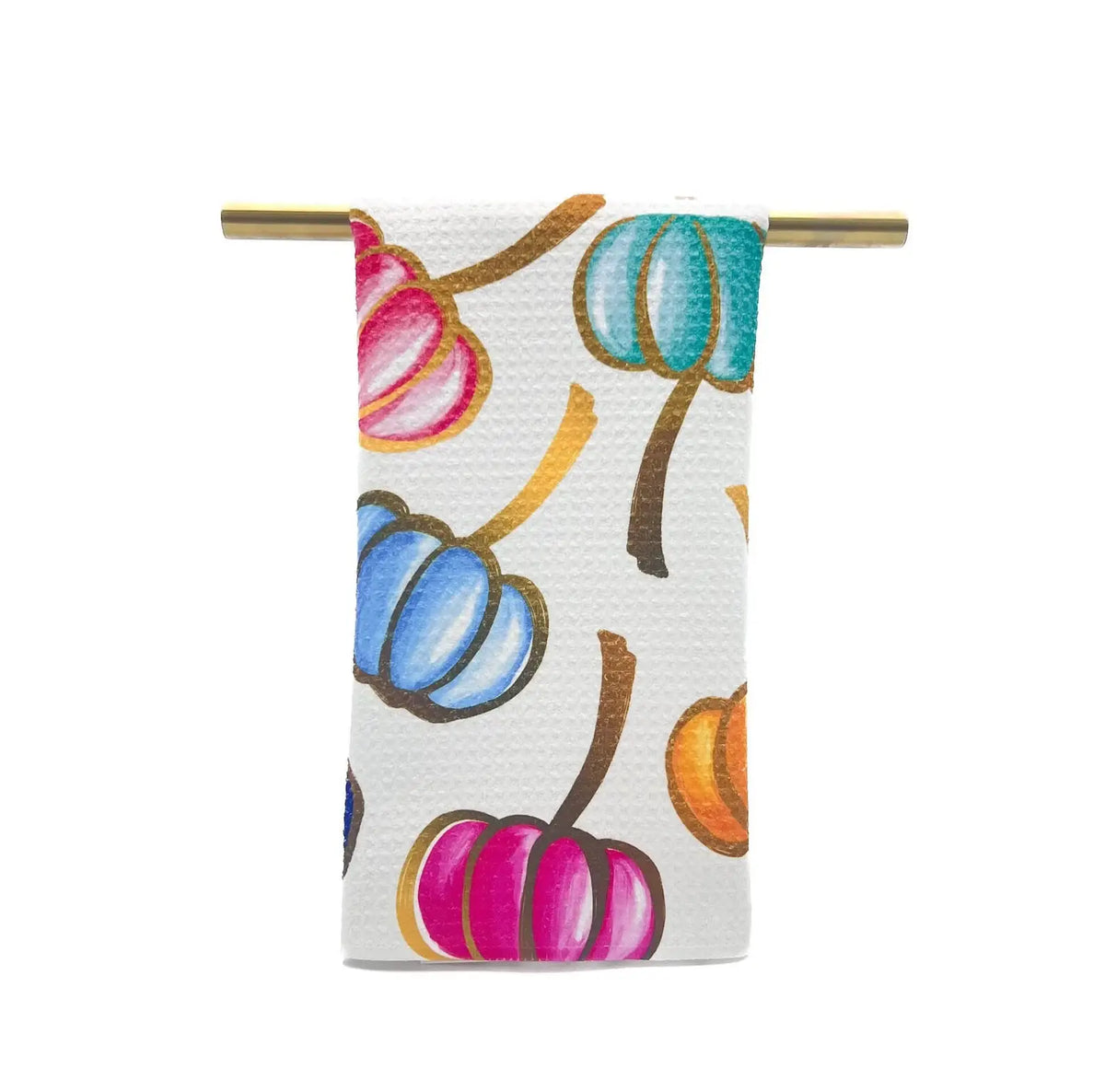Colorful falling pumpkins fall waffle-weave tea towel, front view