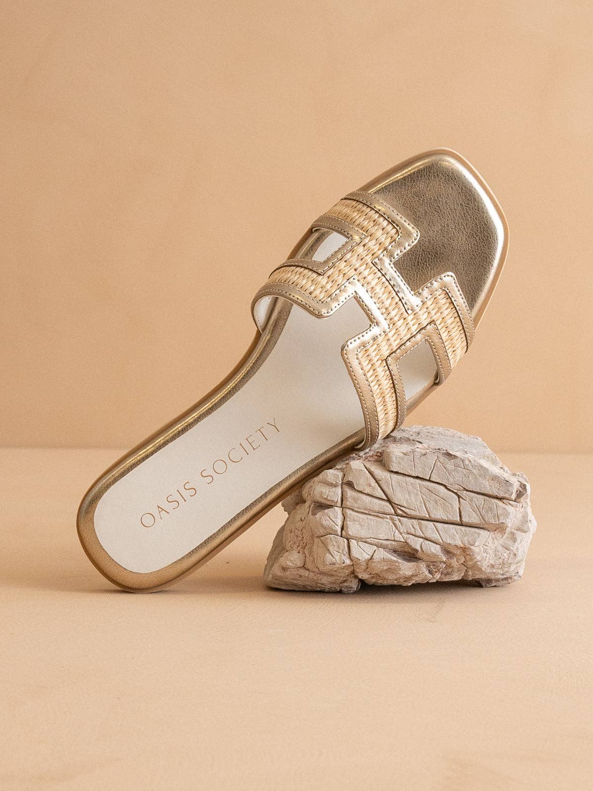 Gold H Cutout Raffia Slide