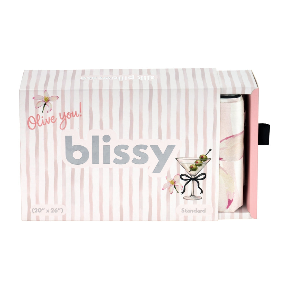 Blissy product packaging with striped design and 'Olive you!' text