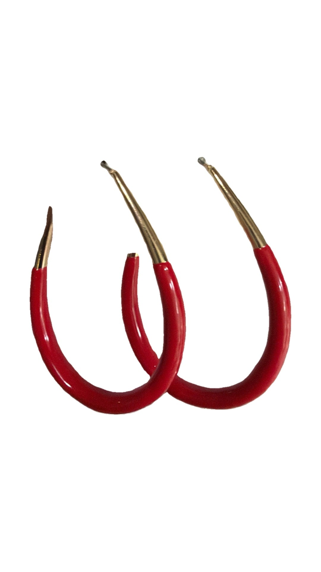 SW Trading Red & Gold Hoop Earrings, red and gold, glossy red open hoops with gold-tone tips, front view