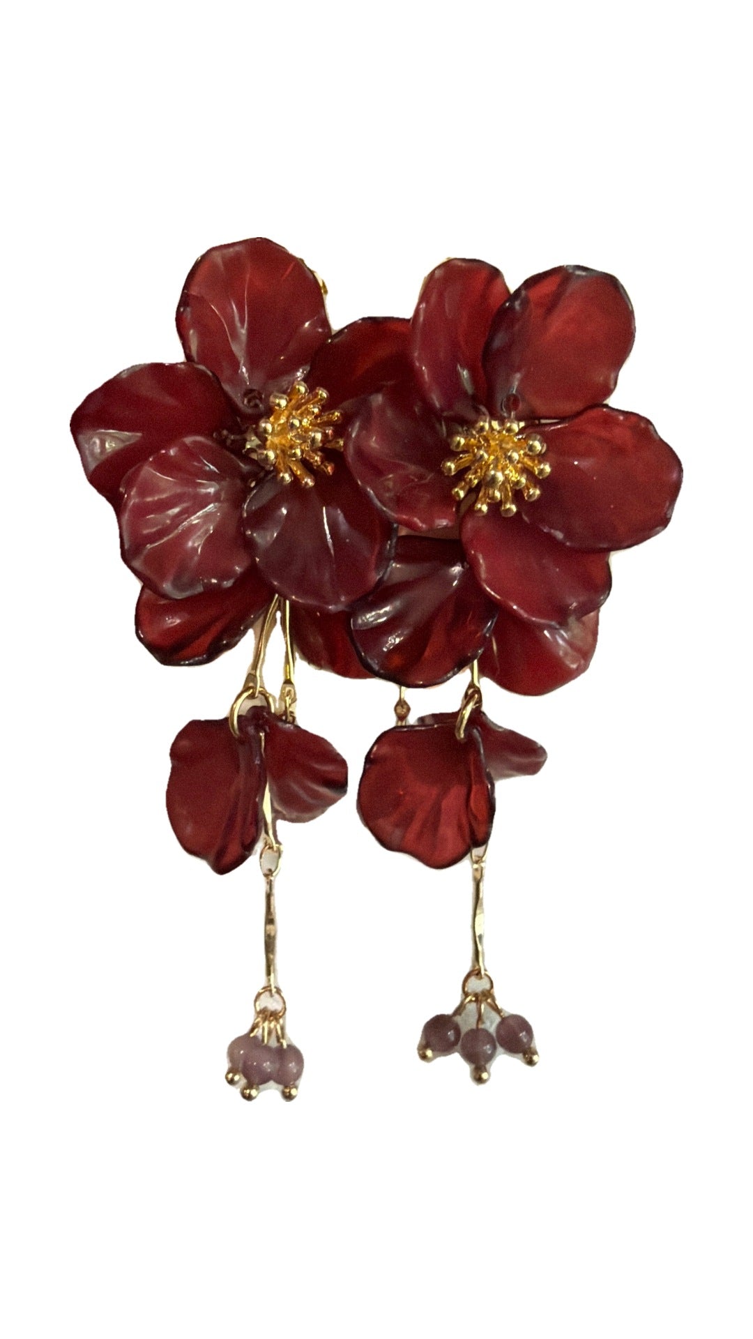 SW Trading Floral Cluster Statement Earrings, burgundy, layered petals with beaded tassels, front view