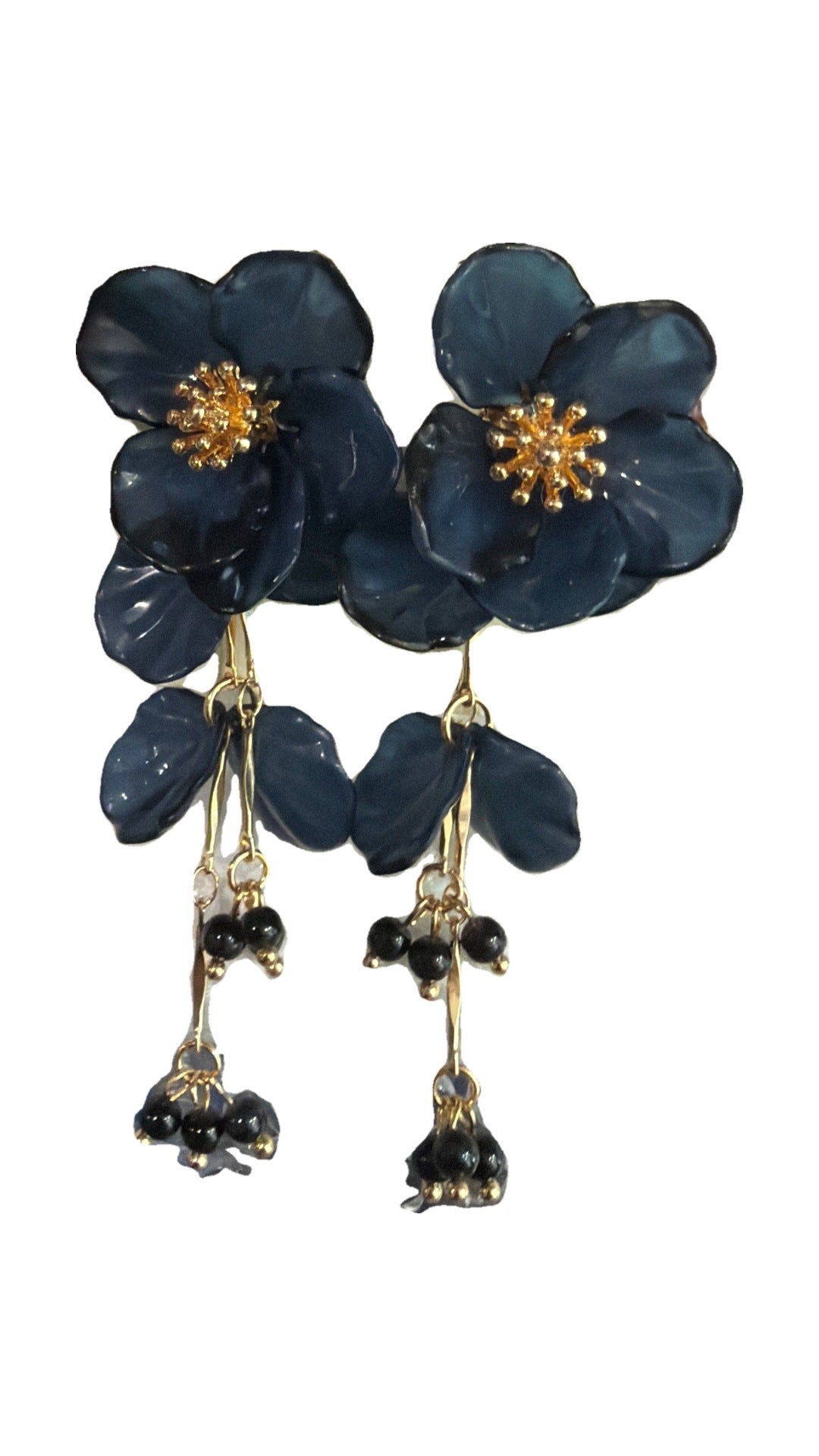 SW Trading Floral Cluster Statement Earrings, navy, layered petals with beaded tassels, front view