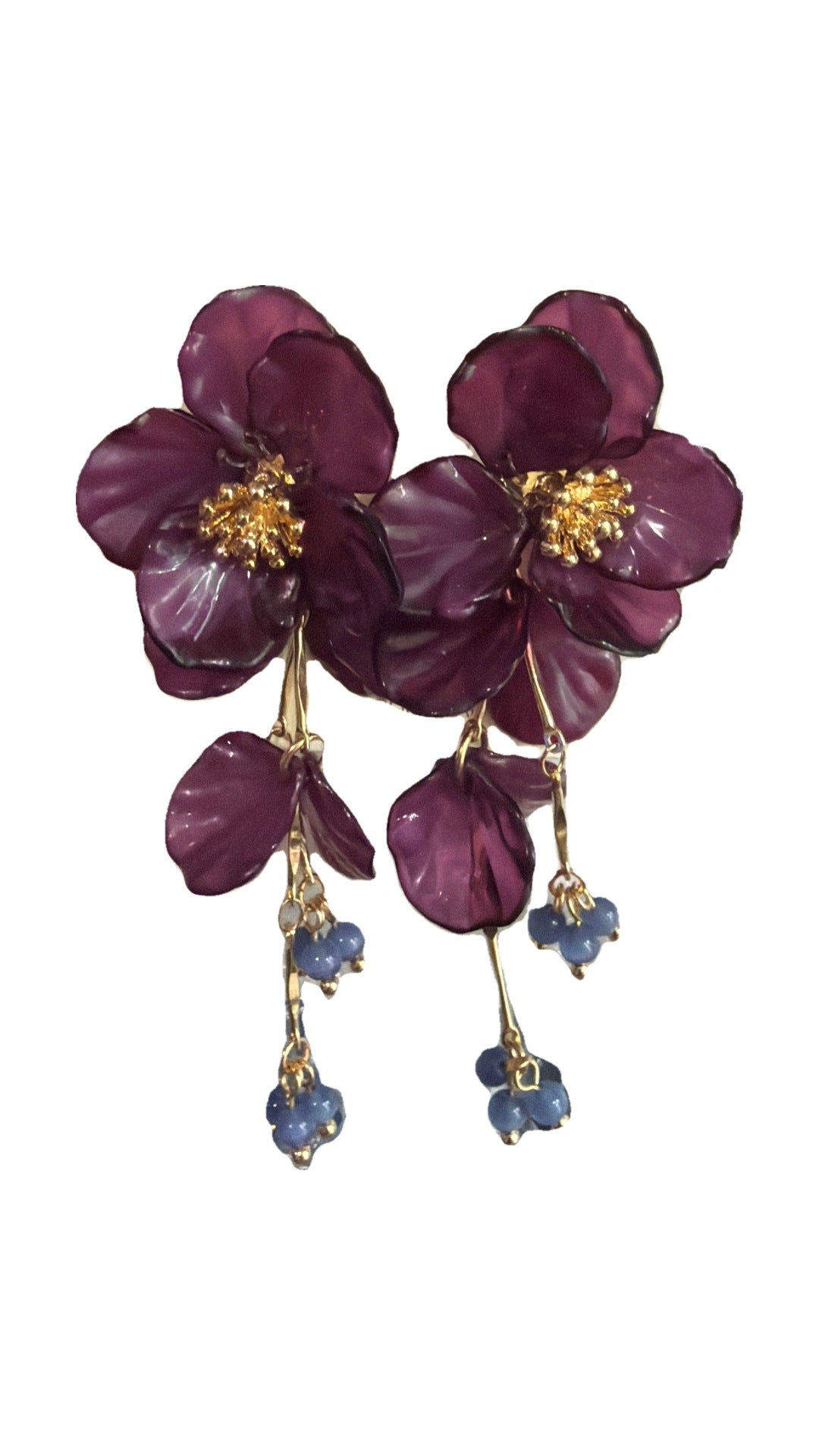SW Trading Floral Cluster Statement Earrings, plum, layered petals with beaded tassels, front view