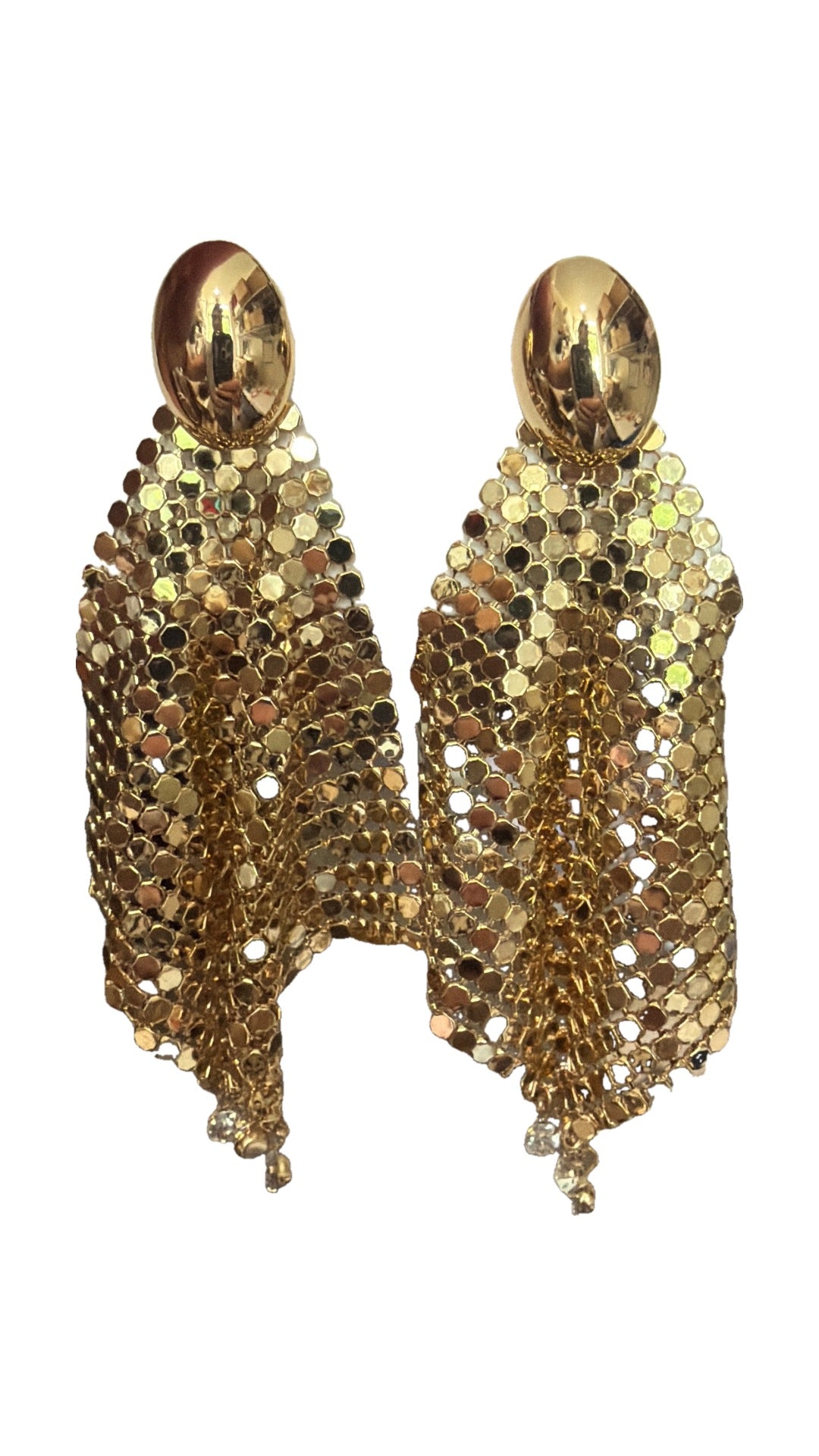 SW Trading Gold Mesh Fringe Statement Earrings, gold, gold-tone mesh with chain fringe, front view